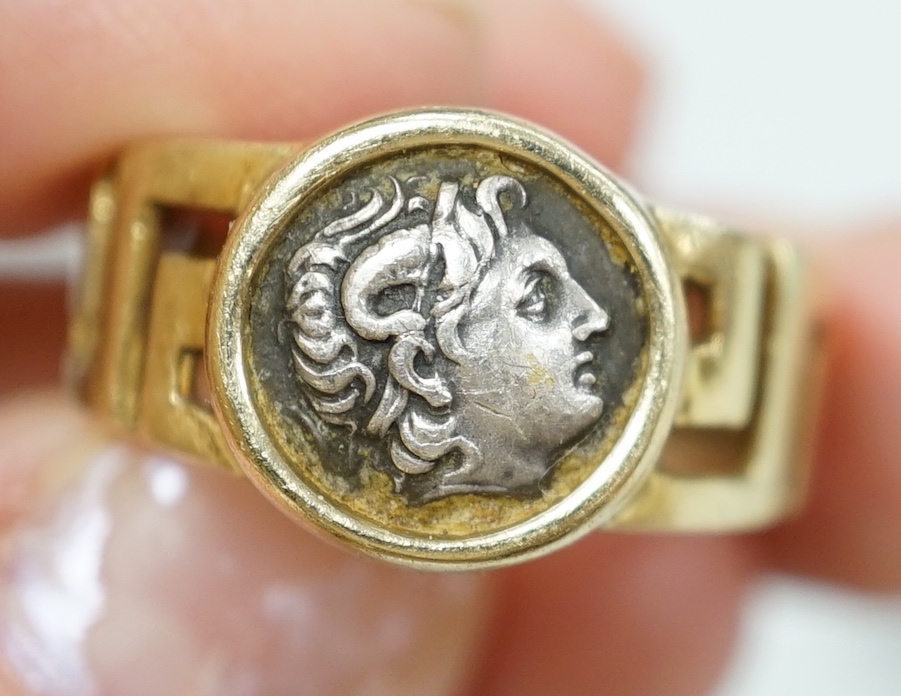A 19th century yellow metal overlaid and carnelian set fob seal, 39mm, a 585 ring with bust, a pair of tortoiseshell mounted lorgnettes, an 18k coral and green hardstone set rose brooch and a yellow metal and hardstone b